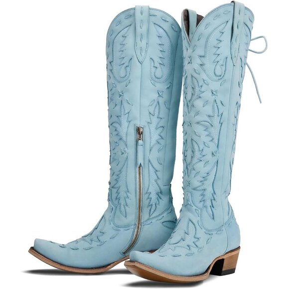 Shoes - Women's Back Lace Chunky Heel Western Side Zipper Embroidered Blue Boots